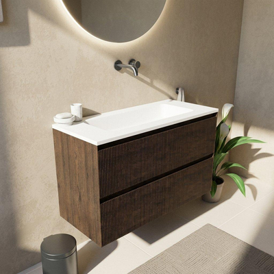 Saniclass Holz Atelier Ensemble meuble de salle de bains - 100x45x77.5cm - lavabo Torino en Solid Surface blanc - sans trou de robinet - 2 tiroirs - chêne charcoal mat (bois)