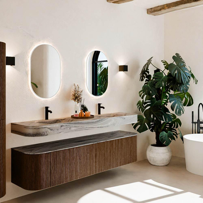 MONDIAZ THOR-DLUX Meuble de salle de bains 190cm arrondi gauche + droite couleur Walnut avec 2 tiroirs et 2 portes. Vasque suspendue CLOUD Double 2 trous de robinet couleur Sombra.