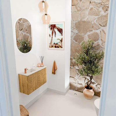 Mondiaz JOYA-DLUX 71.6cm toiletmeubel - ronding rechts kleur Oak - Wastafel FAYE positie Links 1 kraangat kleur Ostra.