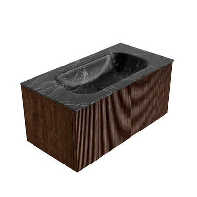 MONDIAZ KURVE-DLUX Meuble de salle de bains 90cm couleur Walnut avec 1 tiroir. Lavabo BIG SMALL central 1 trou de robinet couleur Lava.