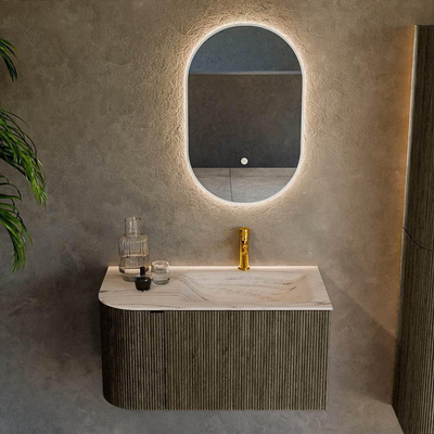 MONDIAZ KURVE-DLUX meuble de salle de bains 85cm arrondi gauche couleur Shadow avec 1 tiroir et 1 porte. Lavabo CLOUD droit 1 trou de robinet Nata.