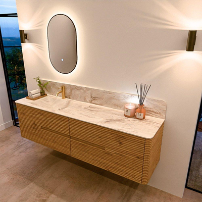 Mondiaz CIRO-DLUX Badkamermeubelset - 180x45x50cm - Solid surface wastafel Frappe - 1 wasbak Links - 1 kraangat - 4 lades - Oak