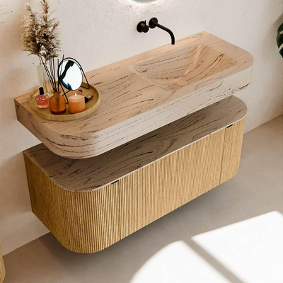 MONDIAZ THOR-DLUX 120cm badmeubel ronding links + rechts kleur Oak met 1 lade en 2 deuren. Vrijhangende wastafel CLOUD Rechts zonder kraangat kleur Arena.