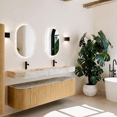 MONDIAZ THOR-DLUX 170cm badmeubel ronding links + rechts kleur Oak met 1 lade en 2 deuren. Vrijhangende wastafel CLOUD Dubbel 2 kraangaten kleur Frappe.