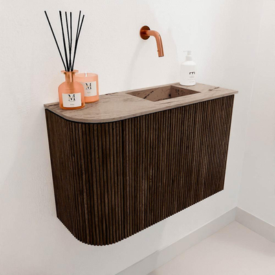 Mondiaz JOYA-DLUX 61.6cm toiletmeubel - ronding links kleur Walnut - Wastafel FAYE positie Rechts Zonder kraangat kleur Arena.