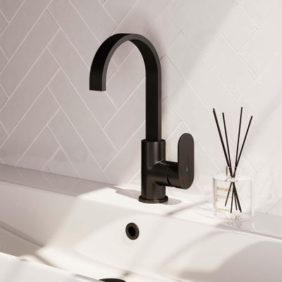 Brauer Black Edition wastafelkraan - model C - opbouw - hoog - platte uitloop - mat zwart