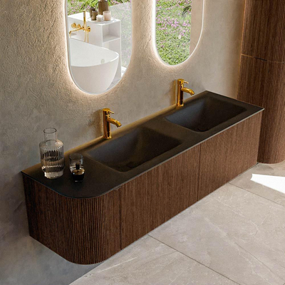 MONDIAZ KURVE 155cm badmeubel met module 25 L kleur Walnut met 2 lades en 1 deur. Wastafel CLOUD dubbel / rechts 2 kraangaten Urban.