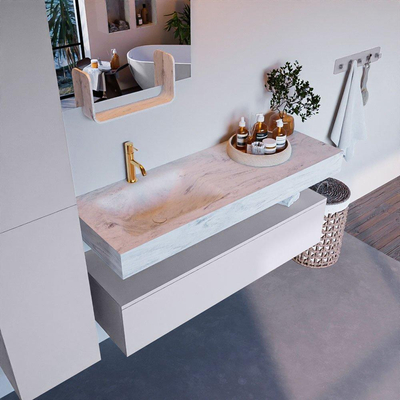 Mondiaz ALAN-DLUX Ensemble de meuble - 130cm - meuble Cale mat - 1 tiroir - Lavabo Cloud Opalo suspendu - vasque Gauche - 1 trou de robinet