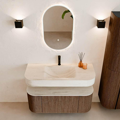 MONDIAZ THOR-DLUX Meuble de salle de bains - 110cm - arrondi gauche + droite - couleur Walnut - 1 tiroir - 2 portes - Vasque suspendue CLOUD Milieu 1 trou de robinet - couleur Meli