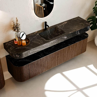 MONDIAZ THOR-DLUX Meuble de salle de bains 190cm arrondi gauche + droite couleur Walnut avec 2 tiroirs et 2 portes. Vasque suspendue CLOUD Milieu 1 trou de robinet couleur Lava.