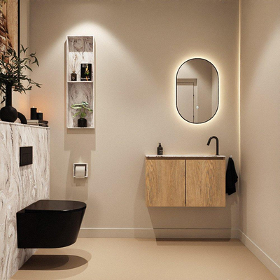 MONDIAZ TURE-DLUX Meuble toilette - 80cm - Washed Oak - EDEN - vasque Glace - position droite - 1 trou de robinet