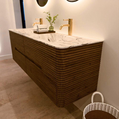 Mondiaz CIRO-DLUX Badkamermeubelset - 150x45x50cm - Solid surface wastafel Glace - 2 wasbak Dubbel - 2 kraangaten - 4 lades - Dusk