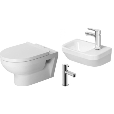 Duravit Durastyle Ensemble WC suspendu sans bride abattant softclose lave-mains 1 trou de robinetterie à droite 36x22cm blanc robinet de lave-mains chromé