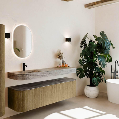 MONDIAZ THOR-DLUX Meuble de salle de bains 170cm arrondi gauche + droite couleur Dusk avec 1 tiroir et 2 portes. Vasque suspendue CLOUD Gauche 1 trou de robinet couleur Oza.