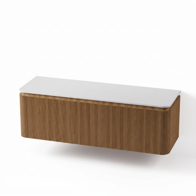 Royal Plaza Terra Edge Ensemble meuble de salle de bains - 140x44.7x46cm - plan de toilette en solid surface blanc mat - 2 tiroirs - sandwood (chêne clair)