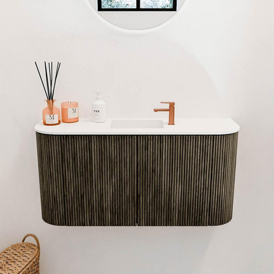 Mondiaz JOYA Meuble de toilette 83,2cm - arrondis gauche et droite couleur Shadow - Lavabo FAYE position Milieu 1 trou de robinet couleur Talc