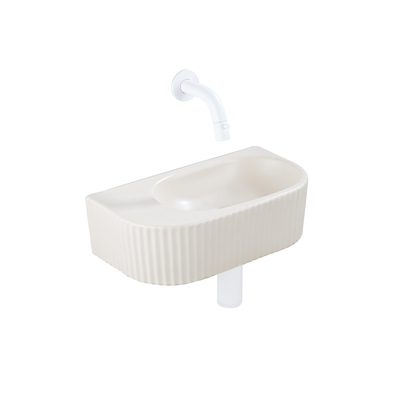 QeramiQ Fuente pack lave-mains – demi-rond – 40 x 21,5 x 12 cm – céramique beige – robinet blanc mat – cannelé