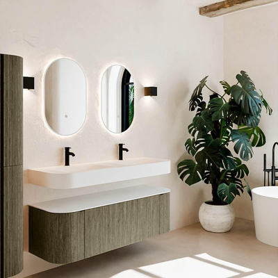 MONDIAZ THOR 140cm meuble de salle de bains arrondi gauche + droite couleur Shadow avec 1 tiroir et 2 portes. Vasque suspendue CLOUD Double 2 trous de robinet couleur Talc.