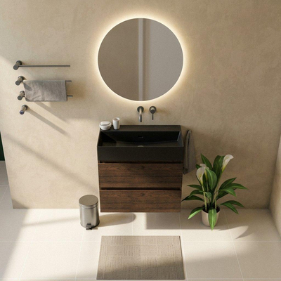 Saniclass Holz Pure Badkamermeubelset - 80x45x72cm - Legend keramische wastafel mat zwart - 1 wasbak - zonder kraangat - 2 lades - mat eiken charcoal (hout)