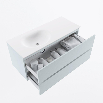 Mondiaz VICA Ensemble de meuble de salle de bain - 110cm - meuble sous-vasque argile - 2 tiroirs - lavabo lune gauche - sans trous de robinet - version haute 60cm - talc