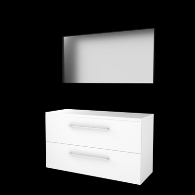 Basic-Line Framed 46 badkamermeubelset - 120x46cm - met grepen - 2 lades - wastafelblad - Spiegel - mat zwart aluminium frame - rondom - MDF lak Ice White