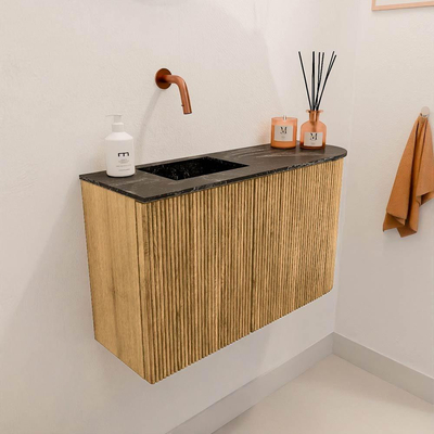 Mondiaz JOYA-DLUX 71.6cm toiletmeubel - ronding rechts kleur Oak - Wastafel FAYE positie Links Zonder kraangat kleur Lava.