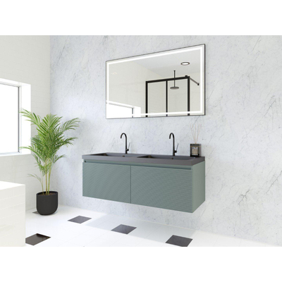 HR Matrix ensemble de meubles de salle de bain 3d 120cm 2 tiroirs sans poignée avec bandeau de poignée couleur pétrole mat avec lavabo djazz double 2 robinets noir mat