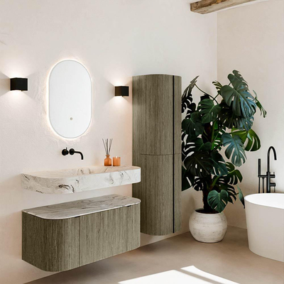 MONDIAZ THOR-DLUX 100cm meuble de salle de bains arrondi gauche + droite couleur Shadow avec 1 tiroir et 2 portes. Vasque suspendue CLOUD Milieu sans trou de robinet couleur Glace.