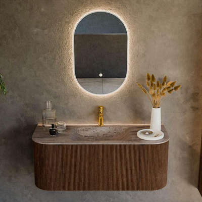 MONDIAZ KURVE-DLUX 110cm badmeubel ronding Links + Rechts kleur Walnut met 1 lade en 2 deuren. Wastafel CLOUD Midden 1 kraangat Oza.