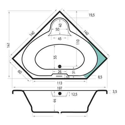 Xenz Borneo hoekbad - 140x140cm - met overloop - zonder afvoer - Hoekopstelling links of rechts - Acryl Edelweiss mat