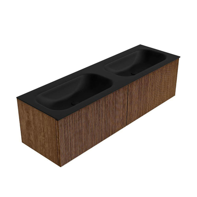 MONDIAZ KURVE 150cm Meuble salle de bain - couleur Walnut - 2 tiroirs - vasque BIG SMALL double - 2 trous de robinet - Urban