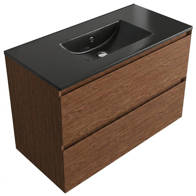 Saniclass Holz Pure Ensemble de meubles de salle de bains - 100x45x62cm - Vasque Vygo en céramique noire - 1 vasque - sans trou de robinet - 2 tiroirs - walnut pure mat (bois)