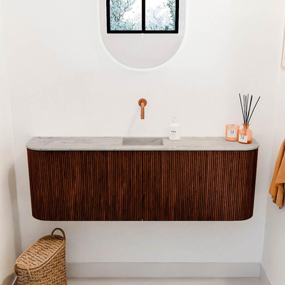 Mondiaz JOYA-DLUX 123.2cm toiletmeubel - ronding links en rechts kleur Ruby - Wastafel FAYE positie Midden Zonder kraangat kleur Glace.