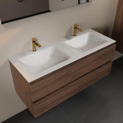 Mondiaz AIVY Ensemble de meuble - 120x45x50cm - 2 trous de robinet - 2 vasques Talc Solid surface - Gauche et droite - 2 tiroirs - sans miroir - Melamine Mocha