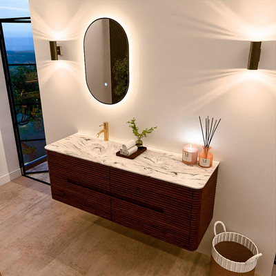 Mondiaz CIRO-DLUX Meuble de salle de bains - 140x45x50cm - Plan vasque solid surface Glace - 1 vasque à gauche - 1 trou de robinet - 4 tiroirs - Ruby