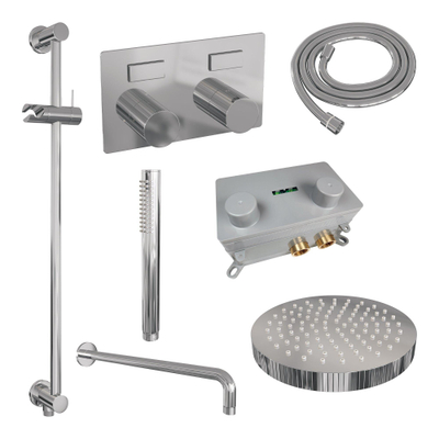 BRAUER Stripe Thermostatische Inbouw Regendouche - drukknoppen - SET 32 - 25cm douchekop - gebogen muurarm - staaf handdouche - doucheslang - geïntegreerde glijstang - chroom