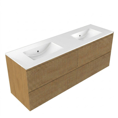 Saniclass Holz Atelier Ensemble de meubles de salle de bains - 160x45x62cm - Vasque Vygo en céramique blanche - 2 vasques - 2 trous de robinetterie - 4 tiroirs - chêne natural mat (bois)