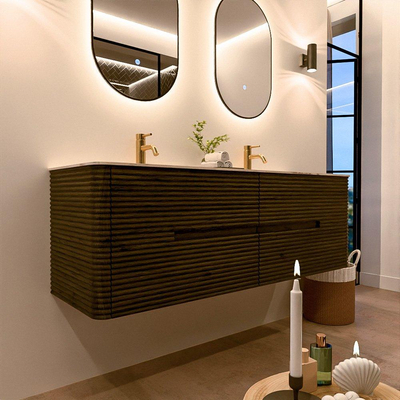 Mondiaz CIRO-DLUX Badkamermeubelset - 150x45x50cm - Solid surface wastafel Nata - 2 wasbak Dubbel - 2 kraangaten - 4 lades - Shadow