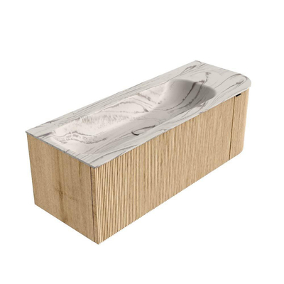 MONDIAZ KURVE-DLUX Meuble de salle de bains 125cm courbe droite couleur chêne avec 1 tiroir et 1 porte. Lavabo BIG MEDIUM gauche sans trou de robinet Nata.