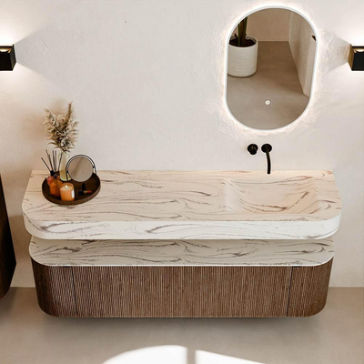 MONDIAZ THOR-DLUX 170cm badmeubel ronding links + rechts kleur Walnut met 1 lade en 2 deuren. Vrijhangende wastafel CLOUD Rechts zonder kraangat kleur Nata.