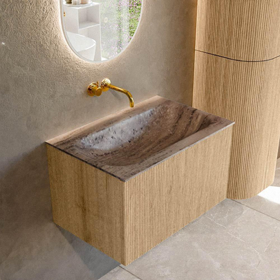 MONDIAZ KURVE-DLUX 70cm badmeubel kleur Oak met 1 lade en 0 deuren. Wastafel BIG SMALL Midden zonder kraangat Oza.