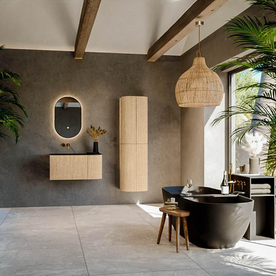 MONDIAZ KURVE Meuble de salle de bains 85 cm avec module 25 R couleur Chêne avec 1 tiroir et 1 porte. Lavabo CLOUD gauche sans trou de robinet Urban.