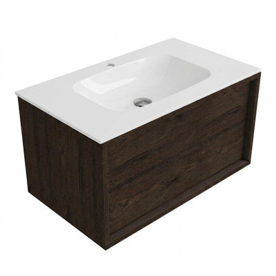 Saniclass Holz Frame Ensemble de meubles de salle de bains - 80x45x41.5cm - lavabo Flow en solid surface blanc - 1 vasque - 1 trou de robinetterie - 1 tiroir - chêne charcoal mat (bois)