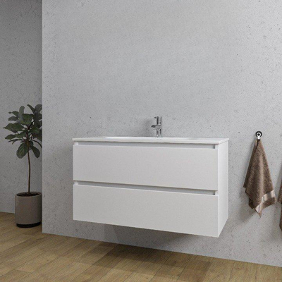 Saniclass Chaci Meuble de salle de bain - 100x45x55cm - lavabo en céramique brillant blanc - 1 vasque - 1 trou de robinet - 2 tiroirs - blanc mat
