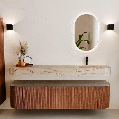 MONDIAZ THOR-DLUX 180cm meuble de salle de bains arrondi gauche + droite couleur Ruby avec 2 tiroirs et 2 portes. Vasque suspendue CLOUD Droite 1 trou de robinet couleur Arena.