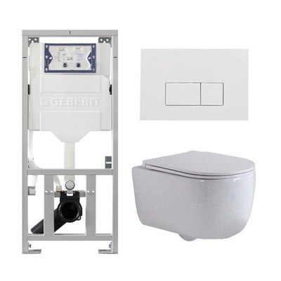 QeramiQ Dely Swirl Toiletset - 36.3x51.7cm - Geberit UP320 inbouwreservoir - met Burda frame - slimzitting - glans witte bedieningsplaat - rechthoekige knoppen - wit mat