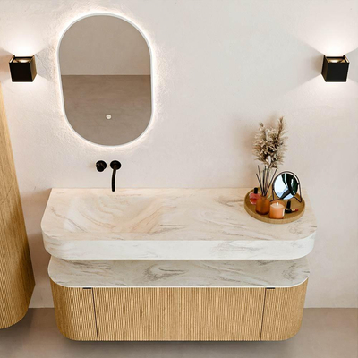 MONDIAZ THOR-DLUX 140cm badmeubel ronding links + rechts kleur Oak met 1 lade en 2 deuren. Vrijhangende wastafel CLOUD Links zonder kraangat kleur Ostra.