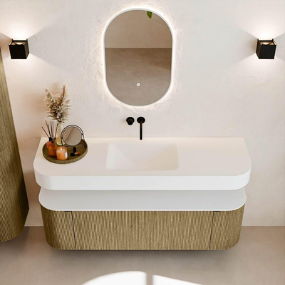 MONDIAZ THOR Meuble de salle de bains 150cm arrondi gauche + droite couleur Dusk avec 1 tiroir et 2 portes. Vasque suspendue CLOUD Centre sans trou de robinet couleur Talc.