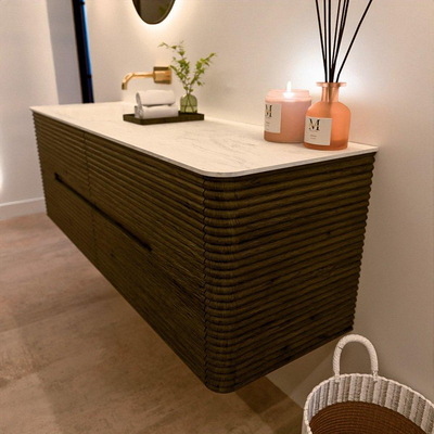 Mondiaz CIRO-DLUX Ensemble meuble de salle de bains - 150x45x50cm - Plan vasque Solid surface Opalo - 1 bassin à gauche - sans trous de robinet - 4 tiroirs - Shadow