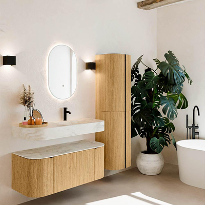 MONDIAZ THOR-DLUX 110cm badmeubel ronding links + rechts kleur Oak met 1 lade en 2 deuren. Vrijhangende wastafel CLOUD Rechts 1 kraangat kleur Ostra.